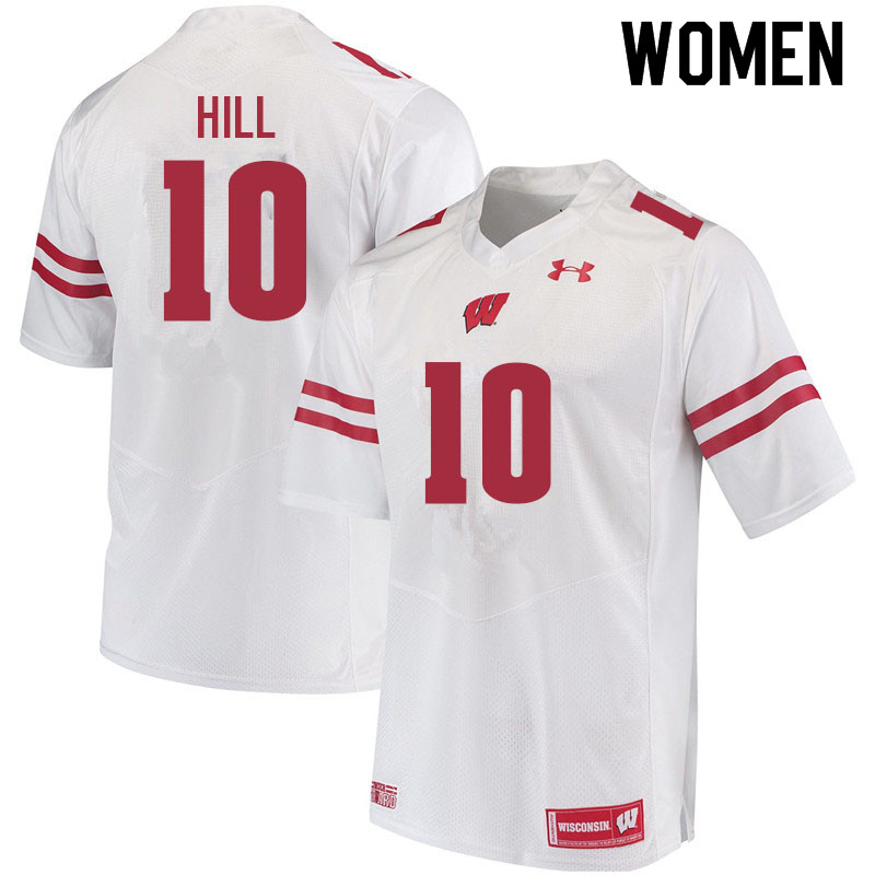 Women #10 Deacon Hill Wisconsin Badgers College Football Jerseys Sale-White